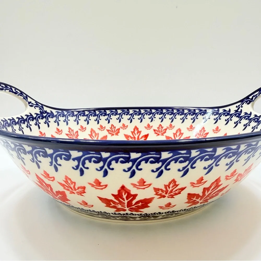 Boleslawiec Zaklady Polish‎ Pottery Red Maple Leaf Bowl Handles 14”, Large RARE